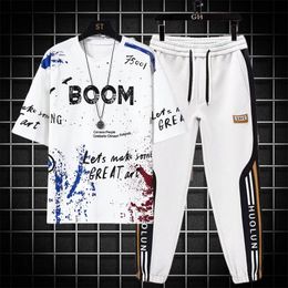 Mens Tracksuits Joggers Set Clothes Korean Fashion Outfit Print Tshirt Multipocket Cargo Pants Two Piece Summer 230817