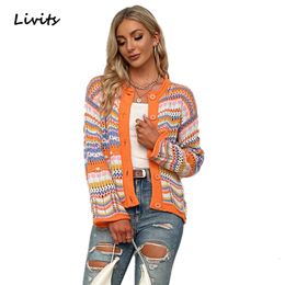Womens Knits Tees rainbow cardigan sweater knitted striped loose button autumn winter SA1431 230818