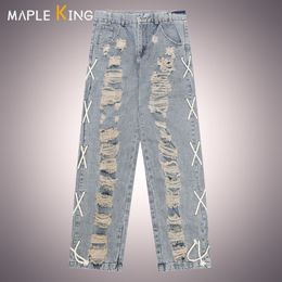 Mens Jeans High Street Hip Hop Hole Denim Pant Men Women Fashion Side Rope Design Harajuku Streetwear Straight Ripped Trousers 230817