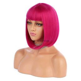 Synthetic Wigs Short Straight Bob with Bangs Wig Short Pink T-Rose Silver Grey White Blue Purple Synthetic Hair 12 Inch Women's Party Wigs HKD230818