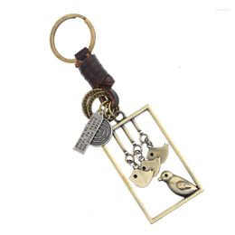 Keychains Vintage Happy Birds Keychain Alloy Pendants Braid Leather Holder Ring Causal Bag Accessories Car Key Chain Fashion Women Jewelry