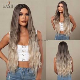 Synthetic Wigs EASIHAIR Brown Ombre Blonde Water Wave Synthetic Wigs Long Grey Ash Hair Wigs for Women Daily Cosplay Party Heat Resistant Fibre HKD230818