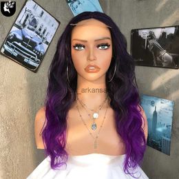 Synthetic Wigs Long Ombre Black Purple Synthetic Lace Front Wig For Women Natural Wavy 4*4 T Part Lace Heat Resistant Fiber Lolita Cosplay Wigs HKD230818