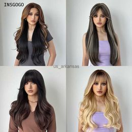 Synthetic Wigs INSGOGO Blonde Synthetic Wigs With Bangs For Women Long Wavy Mixed Colour Heat Resistant Machine Made TemperatureDaily Hair Wigs HKD230818