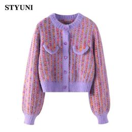 Womens Knits Tees Purple Plaid Imitation Mink Round Neck Knitted Cardigan Korean Fashion Long Sleeve Singlebreasted Winter Female Jumpers 230818