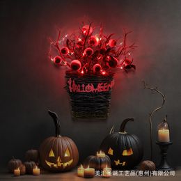 Other Event Party Supplies Halloween Wreath Eyeball Wreaths With Red LED Light Branch Basket Wreaths For Doors Window Flower Garland Halloween Decoration 230817