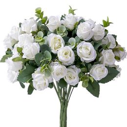Decorative Flowers Wreaths 10 Heads Artificial Flower Silk Rose White Eucalyptus Leaves Peony Bouquet Fake Flower for Wedding Table Party Vase Home Decor HKD230818
