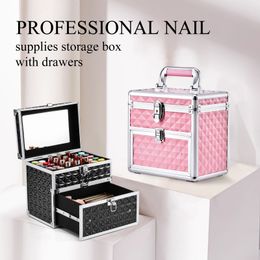 Cosmetic Bags Cases Portable Makeup Box Alloy Make up Train Case Manicure Polish Storage Organzier Beauty Suitcase with Mirror Drawer for Nail Tech 230817