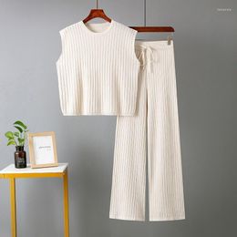 Women's Pants Two Piece Sets Sleeveless Knitted Suit Sweater Vest Women Outifits Wide Leg Trousers Tracksuit Beautiful Two-piece Set Y811