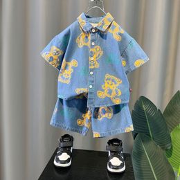 Clothing Sets Kid Boy Summer Clothes Bear Print Denim Shirt Shorts and Jeans 2Pcs Jacket Top Pants Suit Children Tracksuits 230818