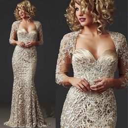 Champagne Lace Mother of Bride Dresses Jacket Long Sleeves Beaded 2024 Plus Size Custom Made Mermaid Sweetheart Neckline Evening Party Gowns