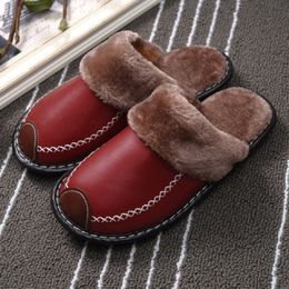 Slippers Women Slippers Black Winter PU Leather Slippers Warm Indoor Slipper Waterproof Home House Shoes Men Warm Leather Slippers 230817