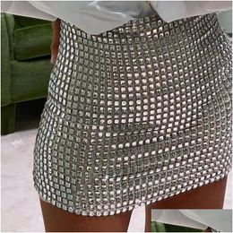 Skirts Rhinestone Mini For Women Clothes Sexy Split See Through Hollow Out Shiny Crystal Diamonds Solid Drop Delivery Apparel Womens Dh1Rk