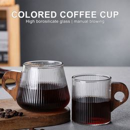 Mugs Glass Coffee Mug JapaneseStyle Cup with Wooden Handle Vertical Stripes Tea Milk Home Office Drinkware Beer Gift 230817