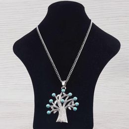 Chains Fashion Tibetan Silver Color Large Faux Turquoise Stone & Tree Pendant Necklaces On Long Curb Chain Lagenlook 34"