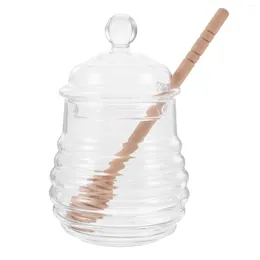 Dinnerware Sets Glass Honey Jar Dipper Stick Syrup Dispenser Restaurant Jam Storage Bottle Clear