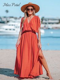 Basic Casual Dresses Orange Surplice Ruched Maxi Dress For Women Sexy Elasticized Waist Short Sleeve Long Aline Beach 2023 Summer Sundress 230817