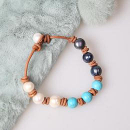 Strand Mixed Colored Genuine Leather Pearls Bangle For Women Hand Made Blue Stone Jewelry Couple Bracelet Fashion Bead