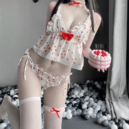 Women's Sleepwear Strawberry Camisole Kawaii Cute Ruffle Uniform Girl Cosplay Costume Embroidered Sexy Lingerie Set Underwear For Women