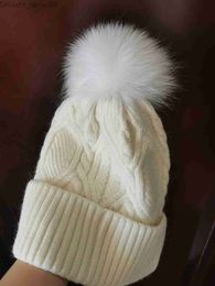 Beanie/Skull Caps Women Cable Knit Wool Beanie Hat Ski Cap Fur Pom White Winter Warm Bobble Hats Skull Caps Z230819