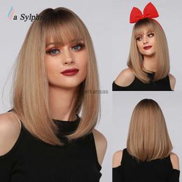 Synthetic Wigs La Sylphide Synthetic Wig Long Straight Root Dark Brown Ombre Brown Bob Inner Buckle with Bangs for Woman Wigs Daily Use Party HKD230818