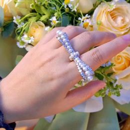 Cluster Rings Natural Fresh Water Pearl Ring For Women Fine Jewellery Double Finger Style 925Sterling Silver With Cubic Zirconia