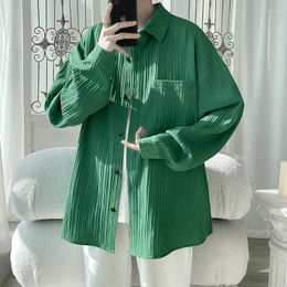 Men's Casual Shirts Black Green White Long Sleeved Shirt Men Fashion Oversized Ice Silk Korean Loose Pleated Mens Large Size M-5XL