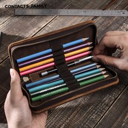 Pencil Bags Retro Crazy Horse Leather Pen Bag Founded Painting Box Creative Zipper Student Stationery 230818