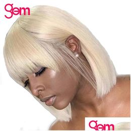 Lace Wigs 613 Front Human Hair For Women Gem Honey Blond Bob Wig With Bangs Short Fl Remy Drop Delivery Products Dhvkg