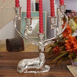 Candle Holders IMUWEN Shiny Silver Finish Metal Reindeer Shape Candle Holder 5-Arms Decorative Candlestick Zinc Alloy Candle Stand Candelabra 230817