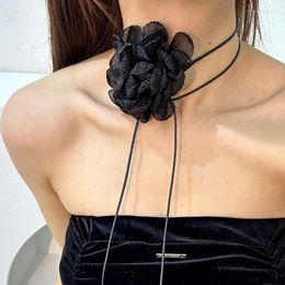 Chains Elegant Mesh Big Flower Choker Necklace With Long Lace Up Rope Romantic Trendy 2023 Ladies Knotted Collar Chain Jewelry