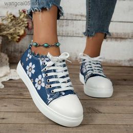 Dress Shoes Flower Print Canvas Flat Heels Shoes Women 2023 Spring Autumn Lace Up Casual Shoes Woman Plus Size 43 Breathable All Match Flats T230818