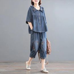 Women's Two Piece Pants Denim Set Summer Loose And Thin 2023 Covering Meat Vintage Embroidery Casual Tide