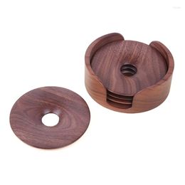 Table Mats 4Pcs Natural Wooden Round With Holder Storage Rack Heat-Resistant Placemats Drinks Mat Tea Coffee Cup Pad