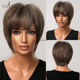 Synthetic Wigs EASIHAIR Short Synthetic Wigs Honey Brown With Bangs Short Hair for Women Layered Natural Hair Wig Heat Resistant Cosplay Wigs HKD230818