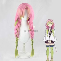 Synthetic Wigs Anime Demon Slayer Kanroji Mitsuri Kimetsu No Yaiba Women Halloween Cosplay Wig Pink Braided Three Strand Braid Wig + Wig Cap HKD230818