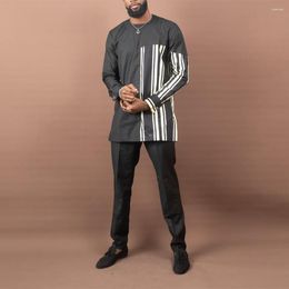 Men's Tracksuits 2023 Striped Print Long Sleeve Men Clothing Suit African Tops And Bottoms 2 Pieces Round Neck Set Black Thin Casual Suits