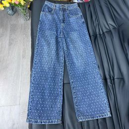 Women's Jeans High quality 2023 SpringSummer Little Fragrance Storm Point Design Versatile Waist Denim Wide Leg Straight Pants f 230817