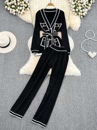 Women's Two Piece Pants Fashion Suits Autumn Long-Sleeve Lace-Up Waist Mid-Length V-Neck Knitted Cardigan Coat Wide-Leg Knit Piec Set
