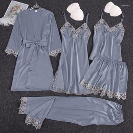 Women's Sleepwear Women Summer Ice Silk Satin Pyjama Sets Sexy Lace Kimomo Nightwear Plus Size 5 Pieces Female Casual Pijama Couple Pyjamas