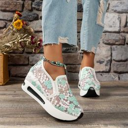 Dress Shoes Platform Wedges Women's Sneakers Floral Embroidery Mesh Sneakers for Women Slip on Casual Comfy Heeled Shoes Woman White Size 42 T230818