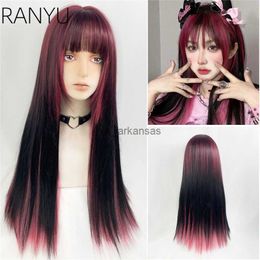 Synthetic Wigs RANYU Brown Pink Highlights Long Straight Synthetic Wig Double Colour Hair Girl Cosplay Daily Use With Bangs Lolita Wigs HKD230818