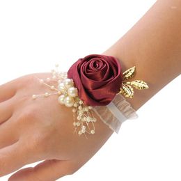 Decorative Flowers Girls Bridesmaid Wrist Wedding Prom Party Boutonniere Satin Rose Bracelet Fabric Hand Flower Supply Accessories