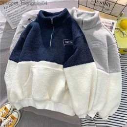 Men's Hoodies Sweatshirts 2022 Winter Loose Warm Jacket with Velvet Thick Sweater Women's Full Matching Casual Korean Edition Solid Colour Splice Jacket Z230819