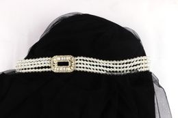 Belts Three Row Of White Elastic Weave Pearl Hook Gold Rectangle Rhinestone Crystal Buckle Stretch Bead Belt For Lady Waist Decoritive