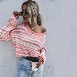 Women's Sweaters Pink Striped Knitted O Neck Causal Short Loose Pullover Sweater Jumper Pull Femmal Long Sleeve Crop Top