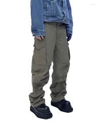 Men's Pants Gray Green Large Pocket Knee Double Pleated Design Loose Casual Straight Wrapping Washed Cargo Outdoor