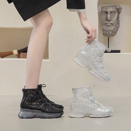 Dress Shoes Mesh Boots for Women Sequin Hollow Out Sports Summer Sandals Fashion Silver Thick Sole Rubber High Top 230817