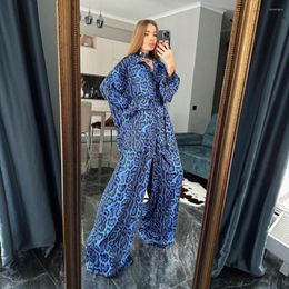 Women's Two Piece Pants Blue Leopard Print Set For Women Elegant Long Sleeve Shirt And Trousers Outfits Casual Loose Pant Autumn Winter