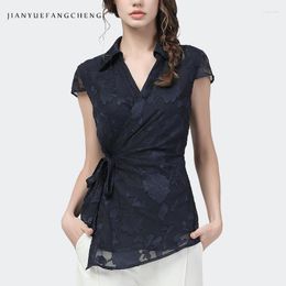 Women's Blouses Chiffon Jacquard Shirt Women' Summer Tops Short Sleeve V-Neck Crossed Lace-Up Vintage Elegant Slim Office Ladies